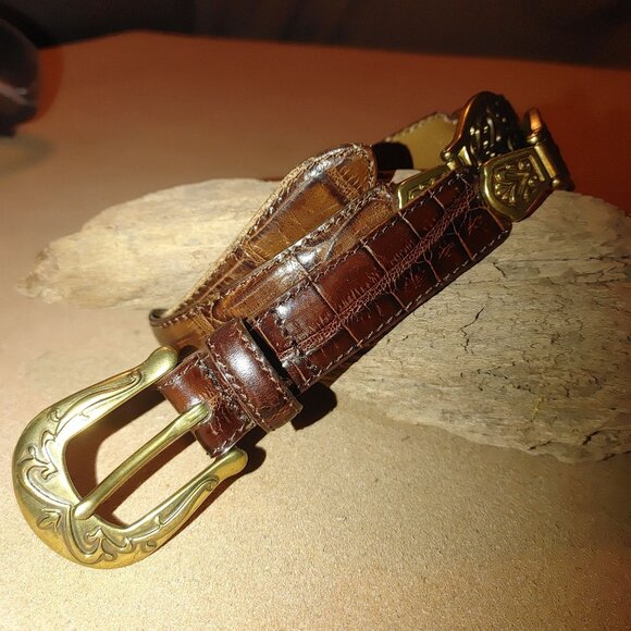 Brown Leather Belt Handcrafted Italian Roco Ornate Brass Buckle Detailing - Picture 6 of 16